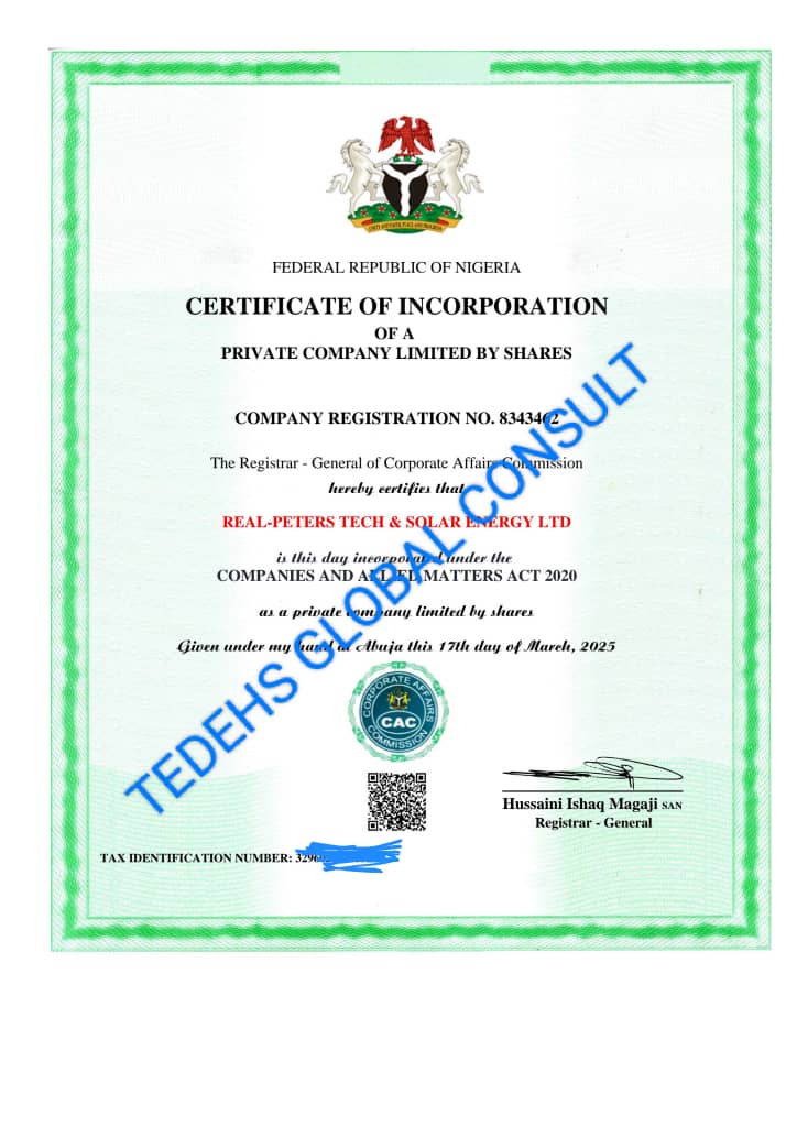 Sample business registration certificate issued in Nigeria - sample of business registration work